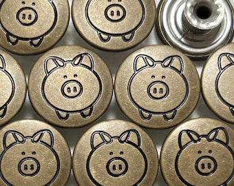17mm Metal Jean Buttons (10 Sets), Cute Pig Buttons, No Sew, Jean Tacks, Bronze Rivet Buttons, Jacket, Coat, Closures & Fasteners