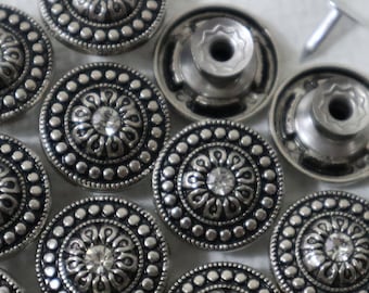 10 Sets- 17mm 22mm Metal Jean Buttons, No Sew, Jean Tacks, Rivet Buttons, Rhinestone, Silver, Jacket, Coat, Closures & Fasteners