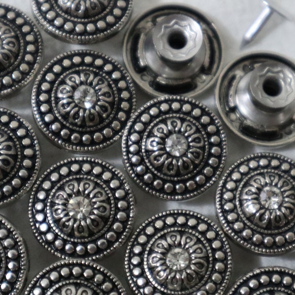 10 Sets- 17mm 22mm Metal Jean Buttons, No Sew, Jean Tacks, Rivet Buttons, Rhinestone, Silver, Jacket, Coat, Closures & Fasteners