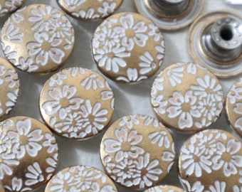 10 Sets- 17mm Metal Jean Buttons, Champagne Gold Buttons, No Sew Jean Tacks, White Flower Rivet Button, Jacket, Coat, Closures & Fasteners