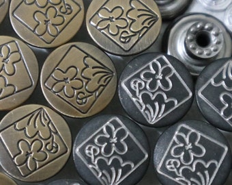 10 Sets- 17mm Metal Jean Buttons, No Sew, Jean Tacks, Black and Bronze Flower Rivet Buttons, Jacket, Coat, Closures & Fasteners