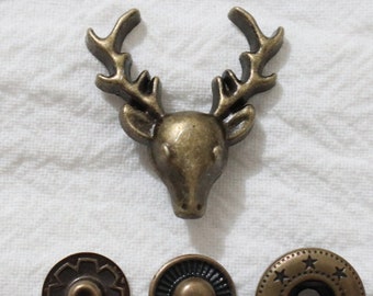 10 Sets- 27mm Snap Buttons, Deer Buttons, Bronze Buttons, Press studs, Closures & Fasteners, Sewing Button #