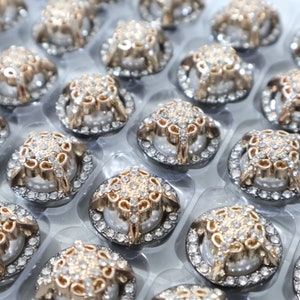 Op de afbeelding: Een close-up van een verzameling decoratieve knopen met een parel in het midden en een gouden en zilveren sterontwerp. De knopen zijn gerangschikt in een rasterpatroon op een doorzichtige plastic plaat.