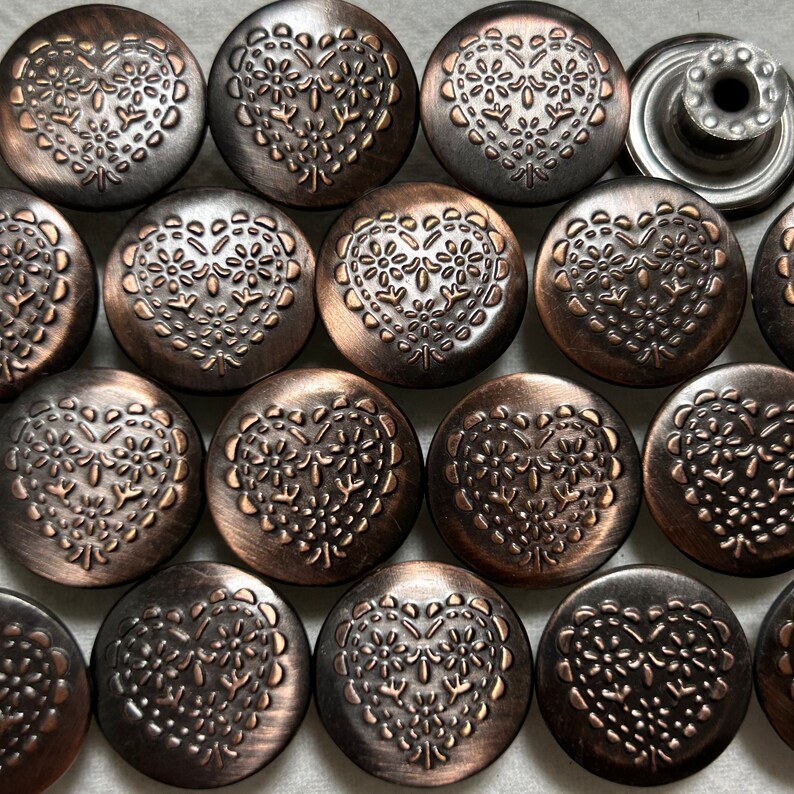 10 Sets 17mm Metal Jean Buttons, No Sew, Coppertone Heart Shaped Jean ...
