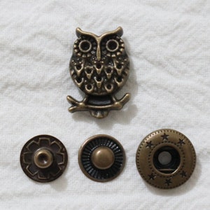 10 ensembles- Boutons pression 21 mm, boutons hibou, boutons animaux, boutons bronze, boutons pression, fermetures et attaches, bouton de couture #