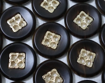10 Pcs- 26mm Metal With Resin Buttons, Four-Hole Buttons, Brown and Gold Buttons, Coat Buttons, Sewing Button #