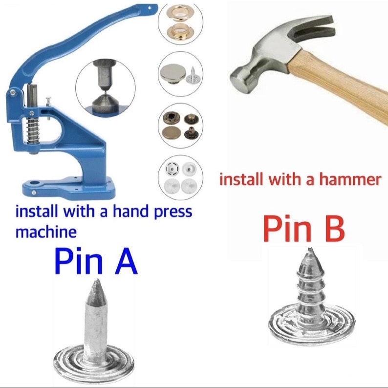 May include: Two types of metal rivets, one for use with a hand press machine and the other for use with a hammer. The rivets are silver in color and have a circular base with a pointed pin.