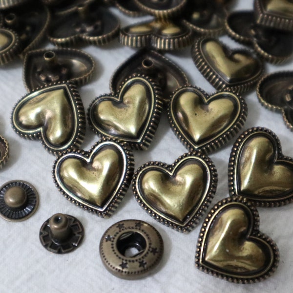 Bottoni automatici da 19 mm, Bottoni a forma di cuore, Bottoni in bronzo, Bottoni a pressione, Bottone da cucire #