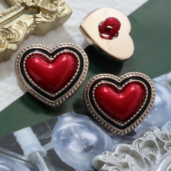 10 Pcs- 22mm Plastic Shank Buttons, Vintage Style Buttons, Black, Rose Gold and Red Heart buttons, Coat, Sweater, Cardigan, Sewing Button #