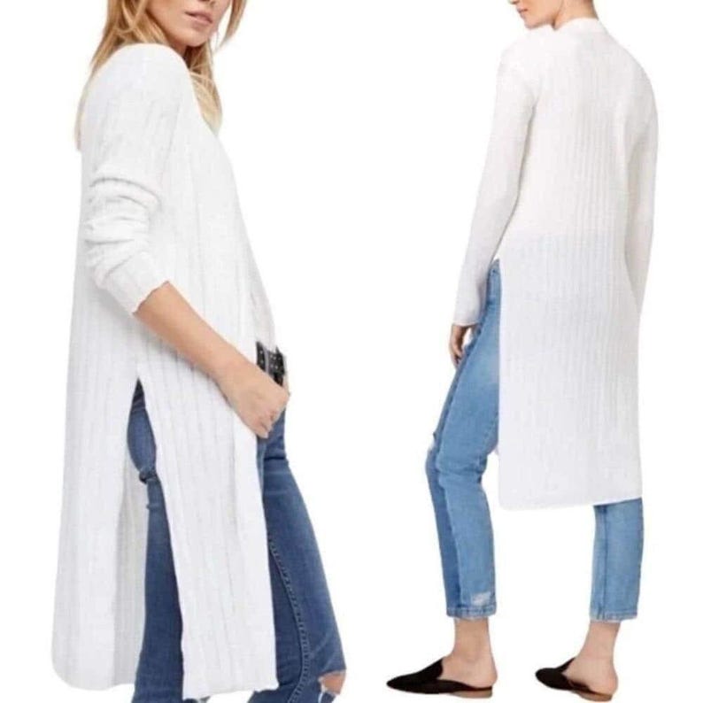 Free People White Ribbed Cardigan Sweater Size Large image 1