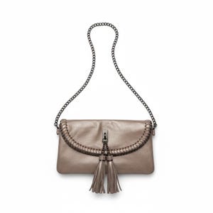 May include: A metallic taupe clutch with a chain strap. The bag features a decorative chain trim along the top and a tassel detail. The chain strap is black. The bag is rectangular and has a clasp closure.
