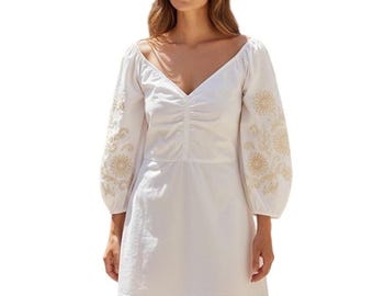 Vestido mini con cuello en V bordado blanco LOFT NWT BOHO, talla 12