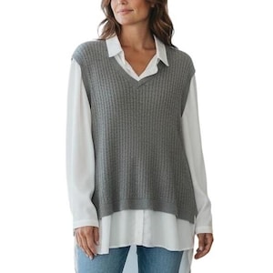 NWT Adrianna Papell Womens Gray Knit Sweater Vest White Button Down image 1