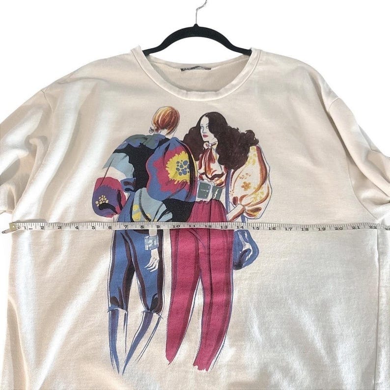 ZARA Graphic Print Crewneck Sweatshirt Cream Oversized Art Illustration XL image 4