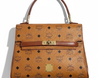 MCM  Kelley Monogram Satchel Bag Cognac Leather Top Handle