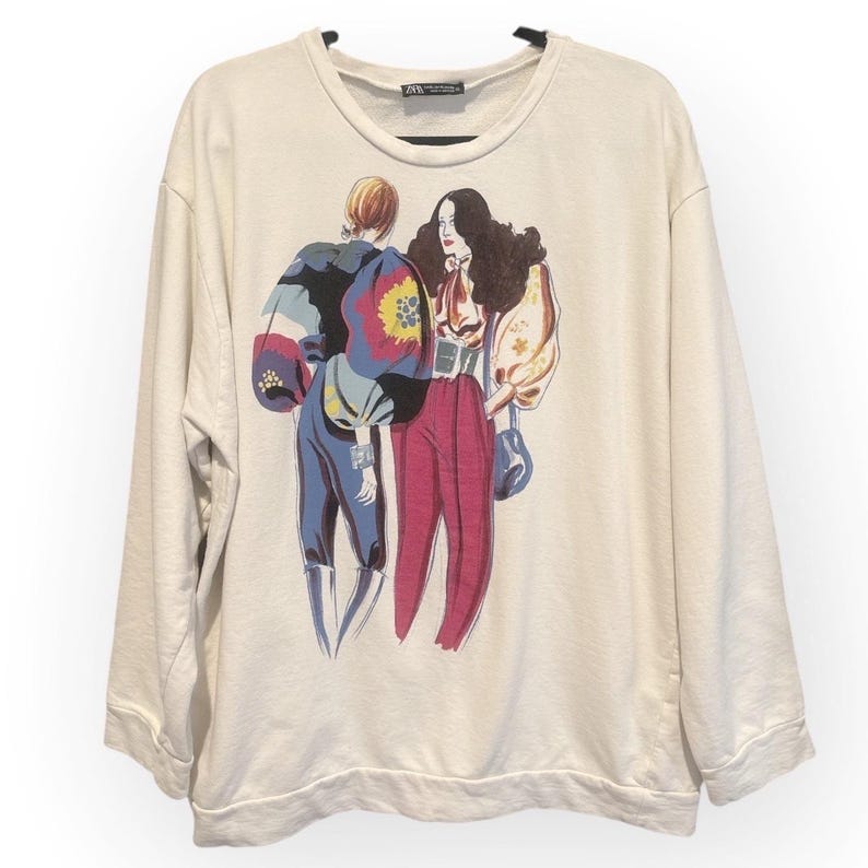 ZARA Graphic Print Crewneck Sweatshirt Cream Oversized Art Illustration XL image 2