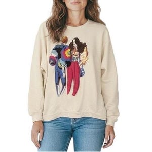 ZARA Graphic Print Crewneck Sweatshirt Cream Oversized Art Illustration XL image 1
