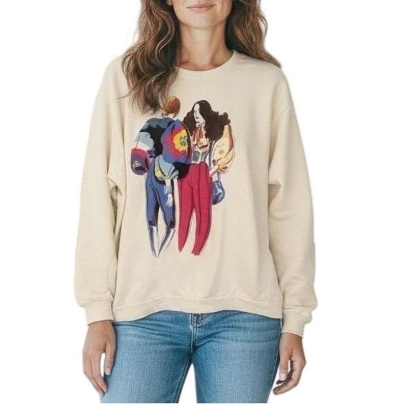 ZARA Graphic Print Crewneck Sweatshirt Cream Oversized Art Illustration XL image 1