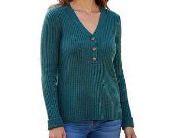 Sundance Ribbed Knit Henley Button Front V Neck Long Sleeve Sweater