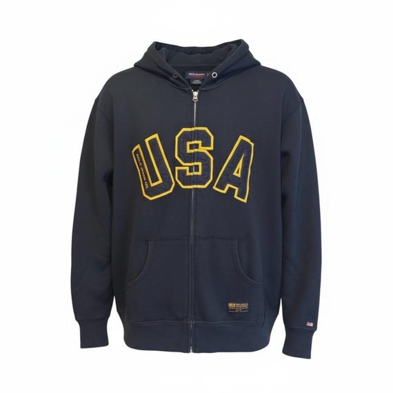 Polo Jeans Co Ralph Lauren USA Zip up Hoodie Navy Blue Yellow XL