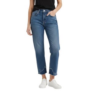 May include: Blue denim jeans featuring a high-rise waist, a classic five-pocket design, and a straight-leg cut. The hem of the jeans displays a white embroidered mountain range outline on the lower legs, paired with white low-top sneakers.