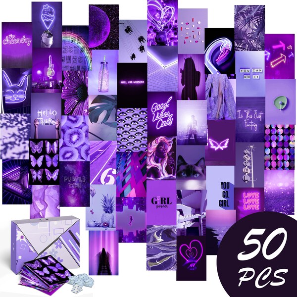 50 PRINTED 4X6 Purple Aesthetic Wall Collage Kit, VSCO 80s Room Decor