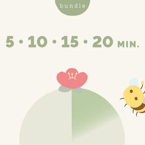 May include: An illustration with a light green background features a flower, a bee, and text. The text reads "bundle" above and "5 • 10 • 15 • 20 min." below. A red flower and a yellow and brown bee are also present.