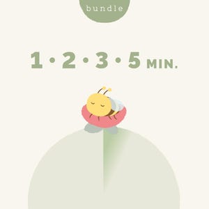May include: A whimsical illustration features a sleeping bee atop a pink flower, with the text "1 · 2 · 3 · 5 min." and the word "bundle" above. The background is a soft, light green color, creating a calming and friendly aesthetic.
