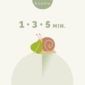 May include: A graphic illustration featuring a brown snail with a green leaf, positioned above a light green semi-circle. The text reads bundle at the top and 1 3 5 MIN. in the center, all rendered in a muted green color on a cream background.