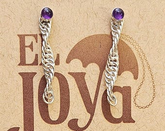 Sterling Silver Helix-Twist Chainmail Earrings with Amethyst Studs - Elegant Chainmail Drop Design