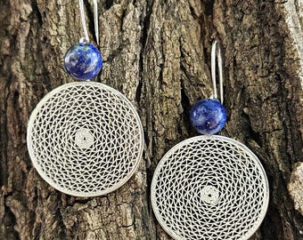 Fine-Silver Filigree Round Hoop Earrings – Custom Gemstone Drop Dangles (Tiger-Eye · Amethyst · Lapis)
