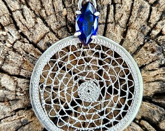 Handmade Fine Silver Filigree Round Pendant Necklace: Large Marquise Shaped Stone