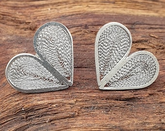 Fine Silver Heart Stud Earrings Filigree Handmade Romantic Gift
