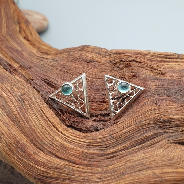 Filigree triangular stud earrings with butterfly clasps, fine silver with gemstones, handmade unique holiday gifts, triangle jewelry