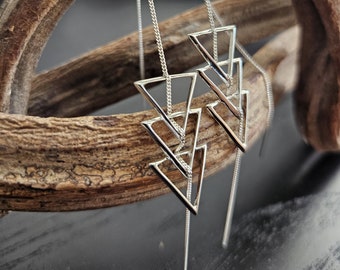 Sterling Silver Threader Earrings, Triple Triangle Geometric Dangle