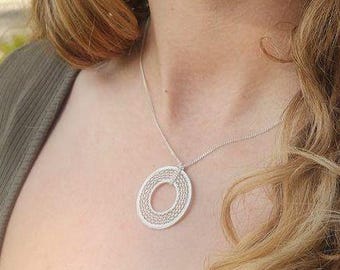 Handcrafted Sterling Silver Necklace: Art Deco Geometric Double Ring Filigree Pendant Adjustable