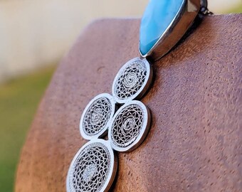 Fine Silver Filigree Circular Pendant, Teardrop Larimar Gemstone, Geometric Lace Jewelry