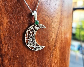 Filigree Sterling Silver Celestial Crescent Moon Necklace: Birthstone Gemstone Jewelry