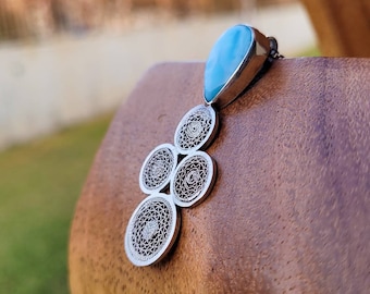 Fine Silver Filigree Pendant, Teardrop Gemstone, Geometric Lace Jewelry