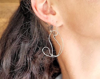 Silver Big Cat Line Art Earrings Made From Sterling Silver, Whimsical Jewelry