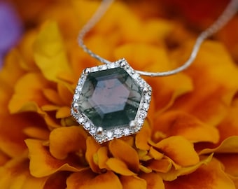 Handmade Sterling Silver Hexagon Pendant Necklace: Amethyst Moss Agate Lab Grown Diamonds