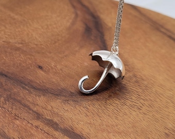 Sterling Silver 3D Umbrella Pendant Necklace: Whimsical Stormy Weather Jewelry
