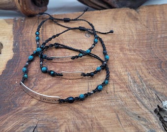 Personalised Engraved Sterling Silver Macrame Bracelet: matched colour Lava Stone Jewellery