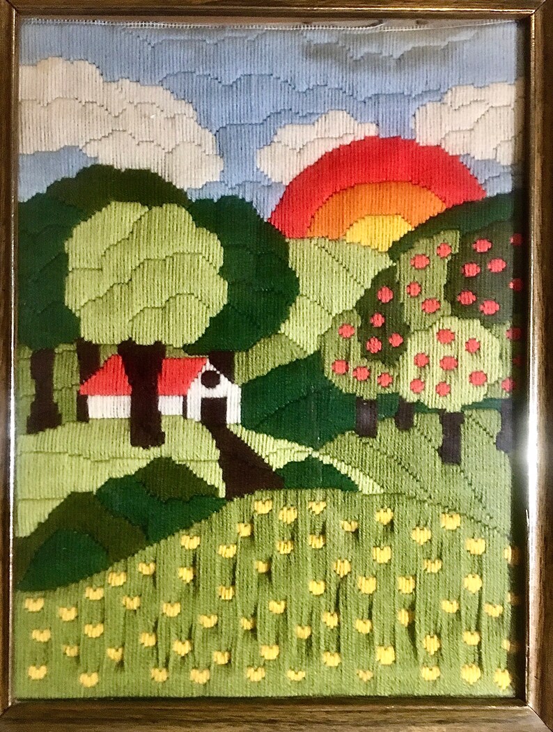 70s Yarn Folk Art Wall Hanging Framed Etsy