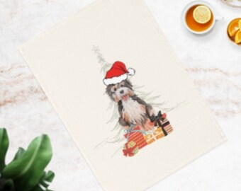 Christmas Doodle Dog Toalla de té de algodón orgánico, paño de té de regalo de Navidad Labradoodle, Santa Doodle debajo de la toalla de té del árbol de Navidad, orgánica