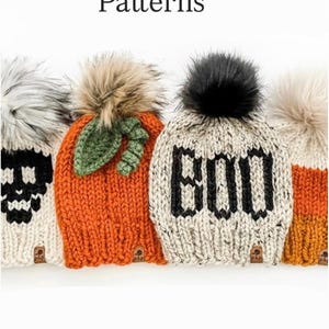May include: A selection of knitted Halloween hats with pom-poms. Designs include a skull, pumpkin, and the word "BOO". The hats are in various colours, including orange, black, and cream. The image also includes the text "30 Halloween Knit Hat Patterns".