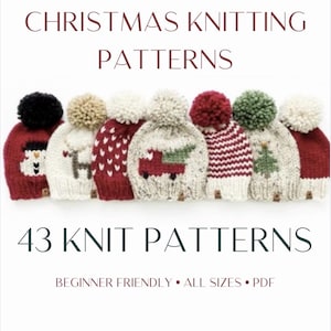May include: Seven knitted Christmas hats with pom-poms, each with a different festive design. Designs include a snowman, reindeer, and Christmas tree. The image includes the text "CHRISTMAS KNITTING PATTERNS" and "43 KNIT PATTERNS".