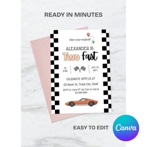Two Fast Birthday Invitation: Race Car Party, Editable Canva Template (Digital Download)