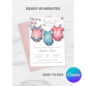 Editable Gender Reveal Invitation: Pink & Blue Clothesline Design (Digital Evite/Printable, 5x7 in Canva Template)