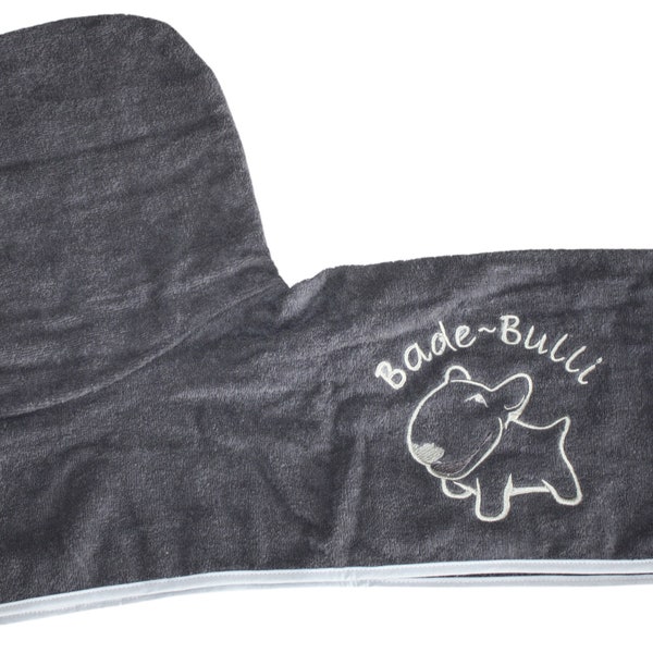 Bathrobe/drying robe with hood and belt, size S, gray, embroidered with a bulli, bull terrier, customizable, dogs